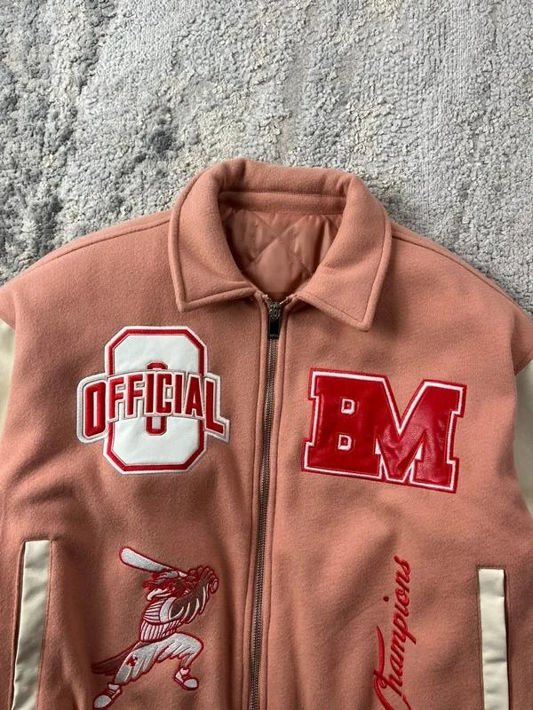 Chaqueta Varsity vintage Y2K rosa beige bordada con doble cremallera talla S – photo 9